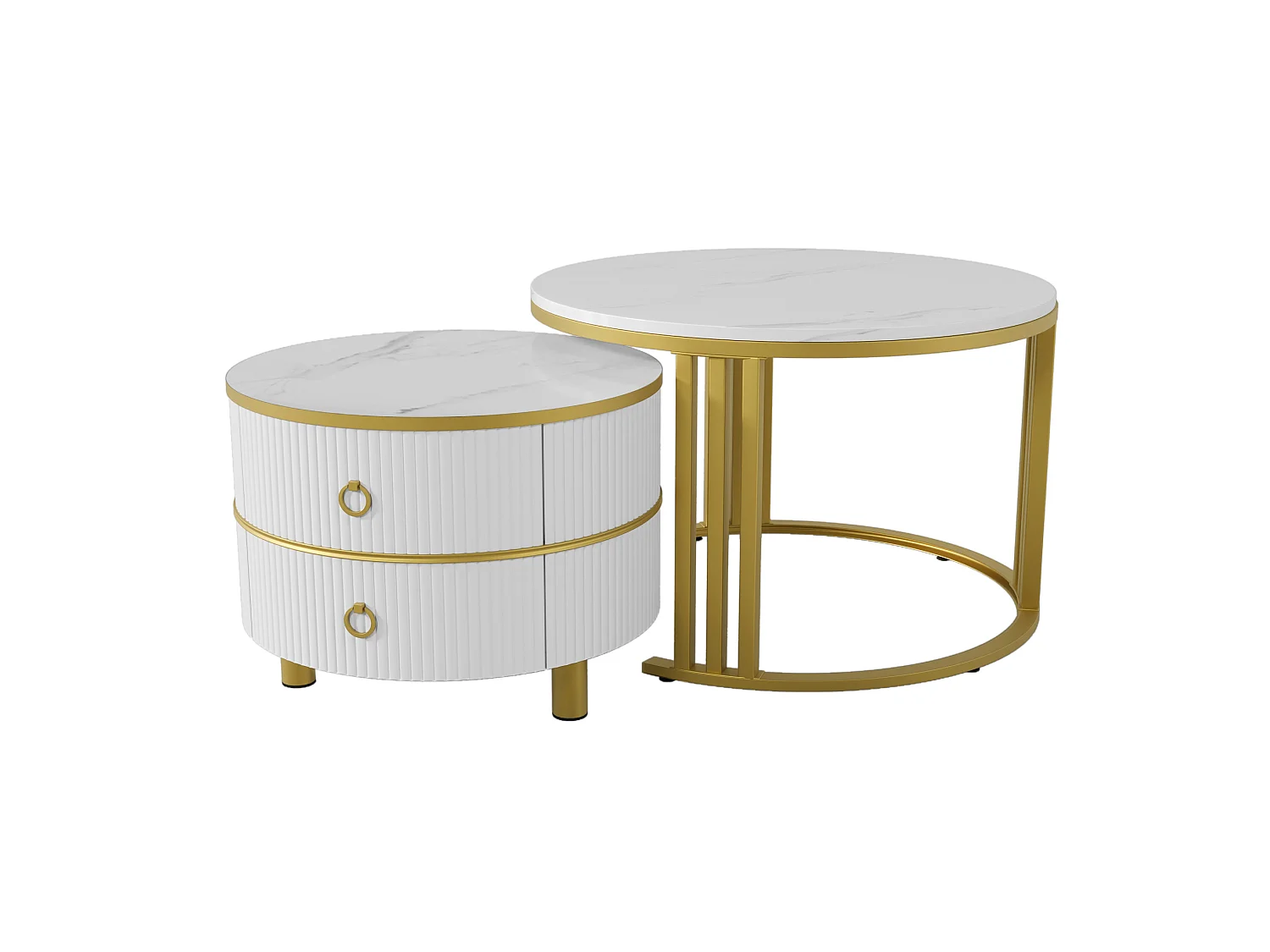Conjunto de 2 mesas de centro redondas de MDF blancas y doradas con 2 cajones, 70 x 70 y 50 x 50 cm