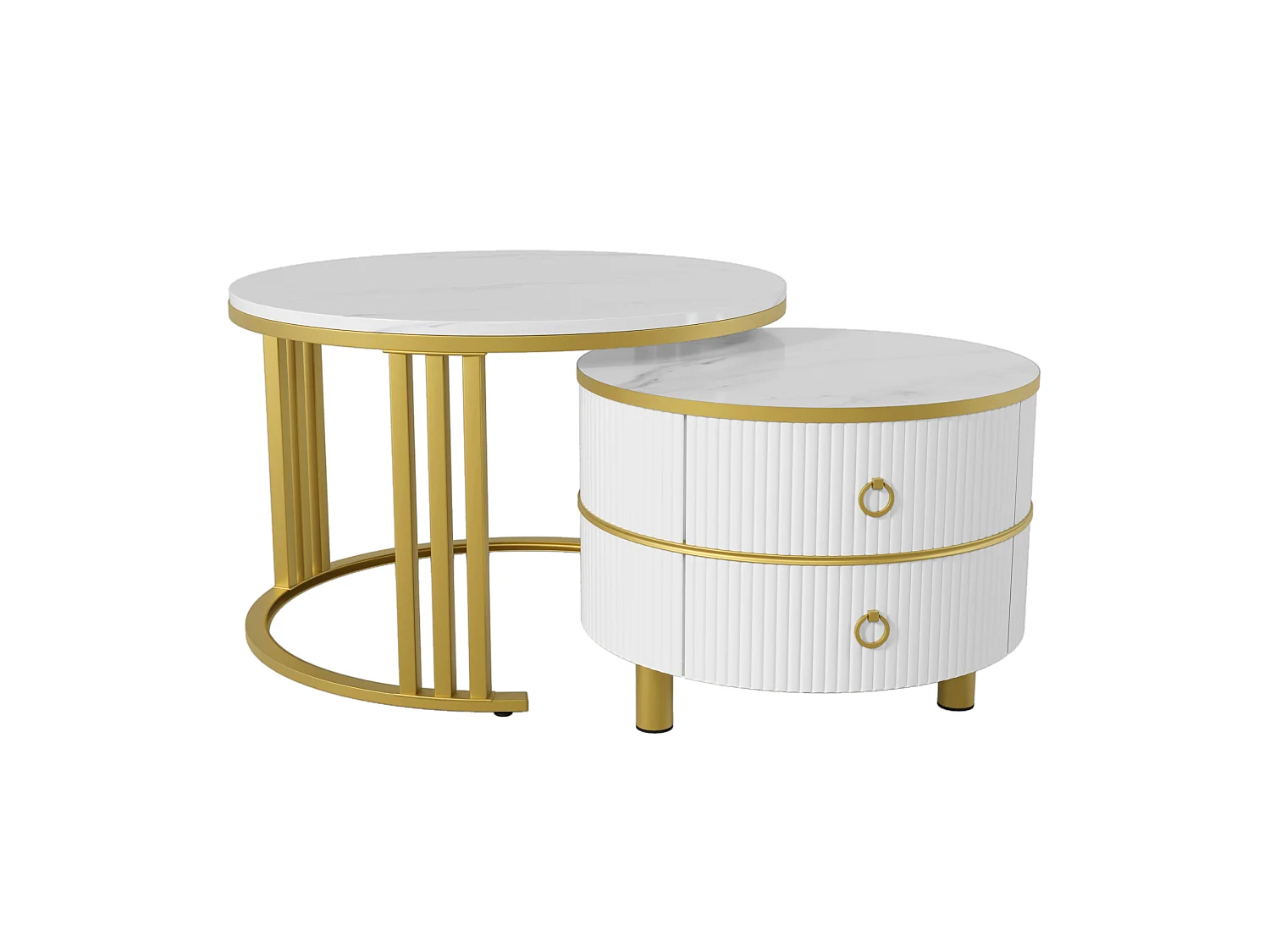 Conjunto de 2 mesas de centro redondas de MDF blancas y doradas con 2 cajones, 70 x 70 y 50 x 50 cm