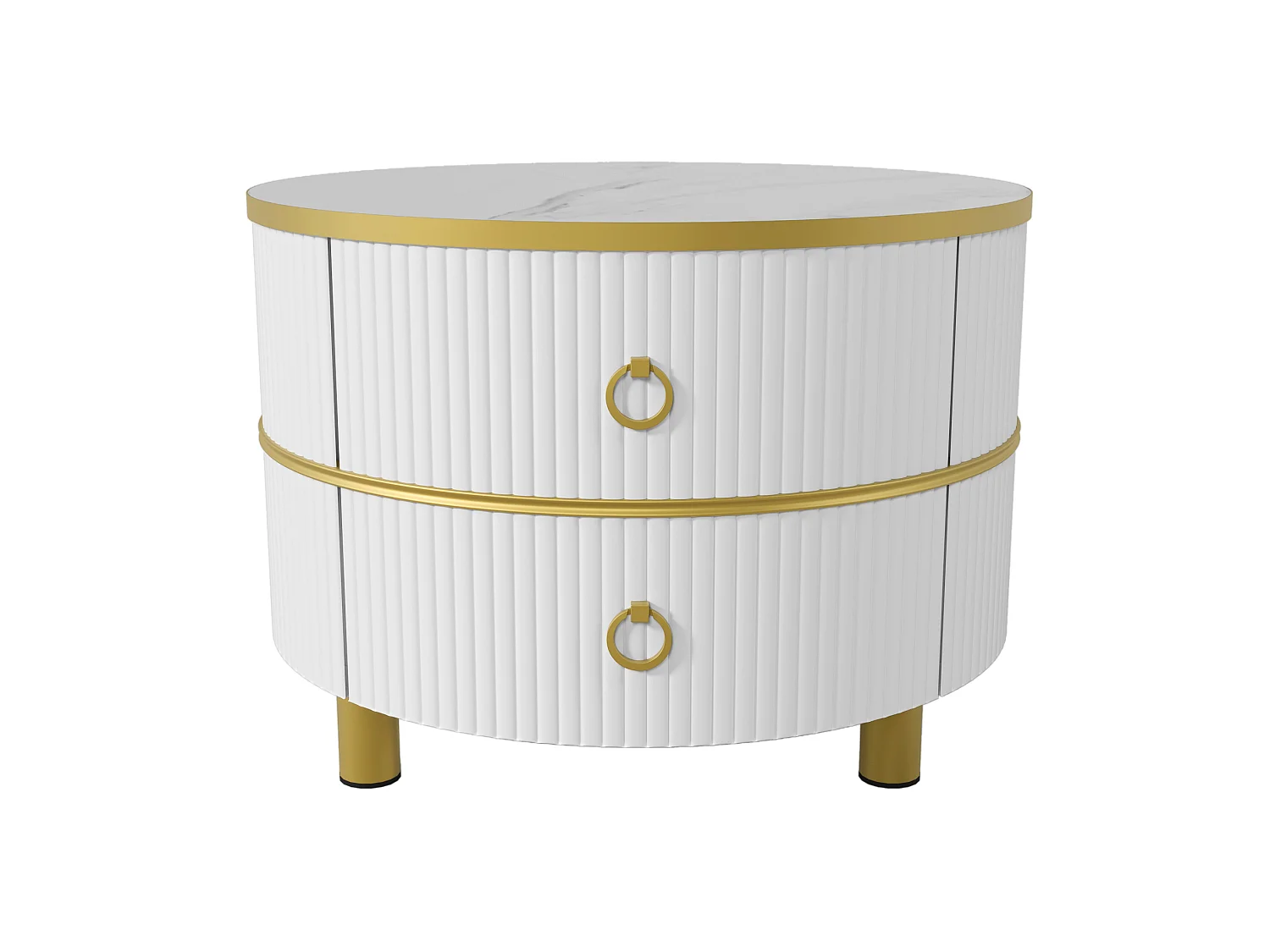 Conjunto de 2 mesas de centro redondas de MDF blancas y doradas con 2 cajones, 70 x 70 y 50 x 50 cm