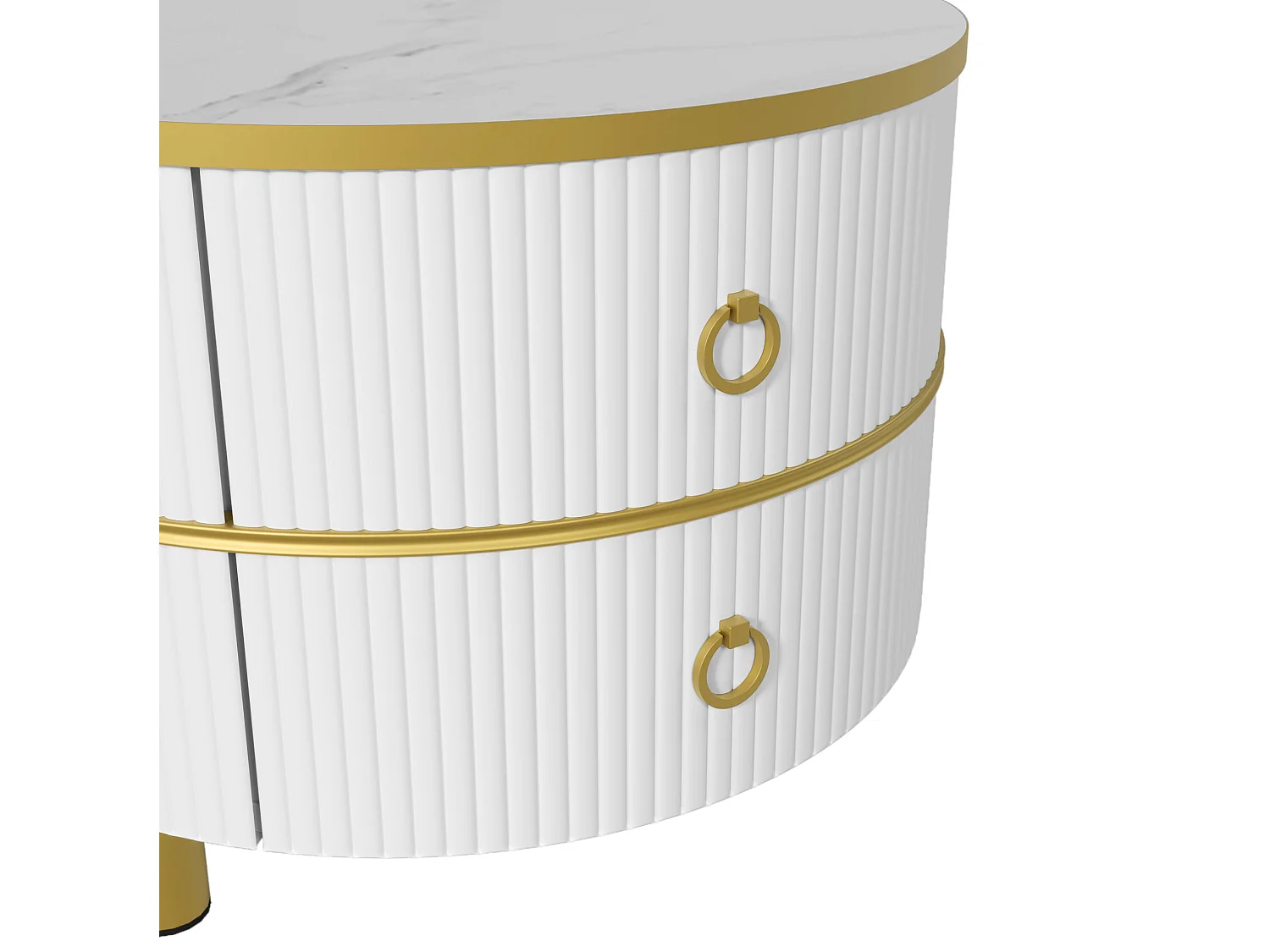 Conjunto de 2 mesas de centro redondas de MDF blancas y doradas con 2 cajones, 70 x 70 y 50 x 50 cm