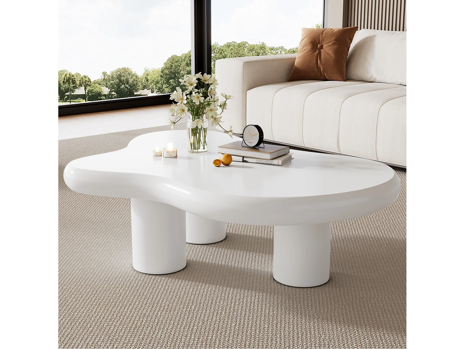 Table basse 97/67/32 cm avec patins feutre MDF blanc