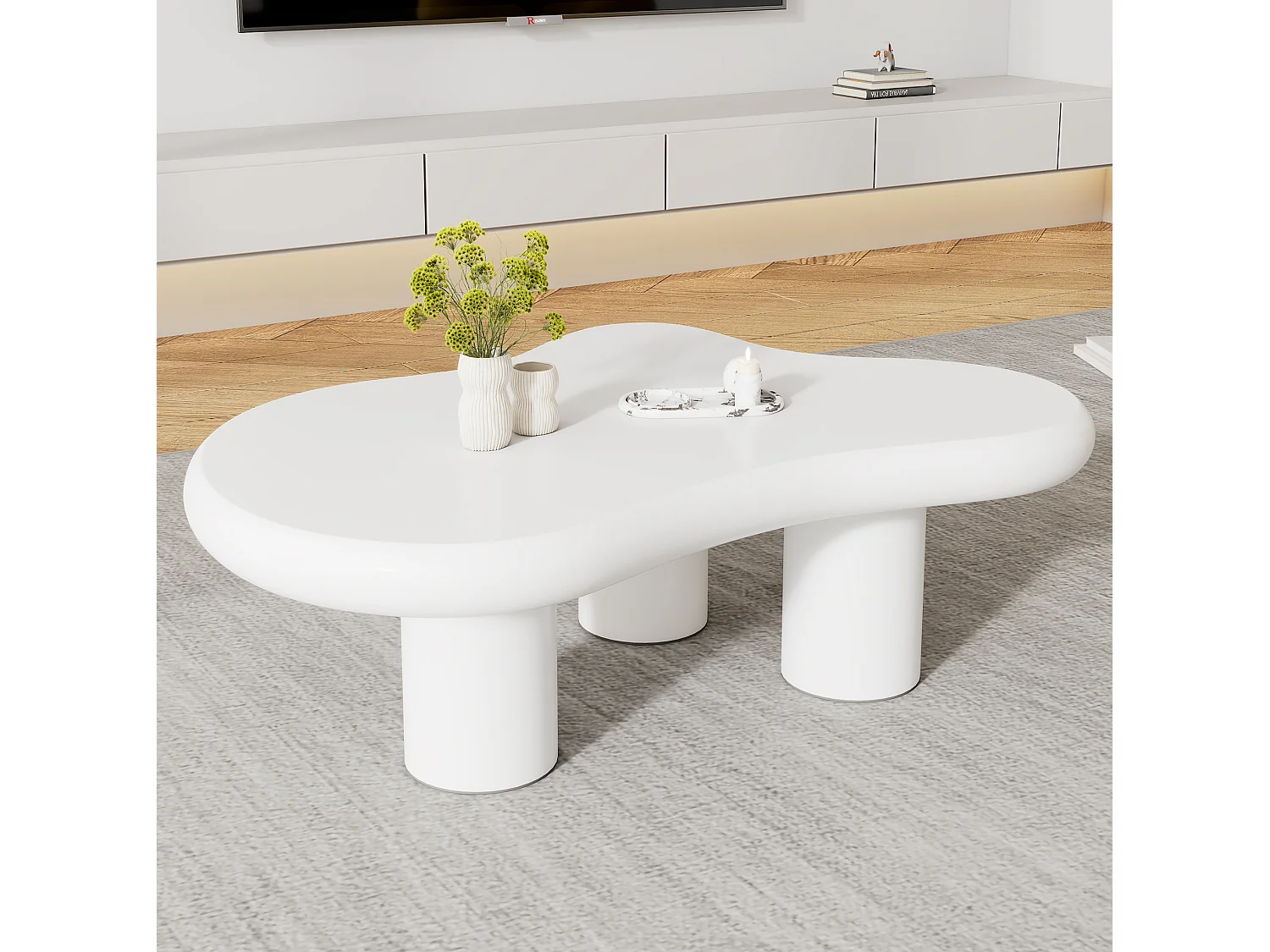 Table basse 97/67/32 cm avec patins feutre MDF blanc