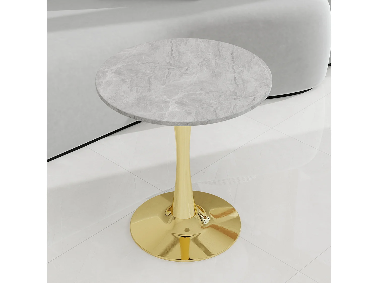 Table basse ronde avec plateau effet marbre artificiel doré
