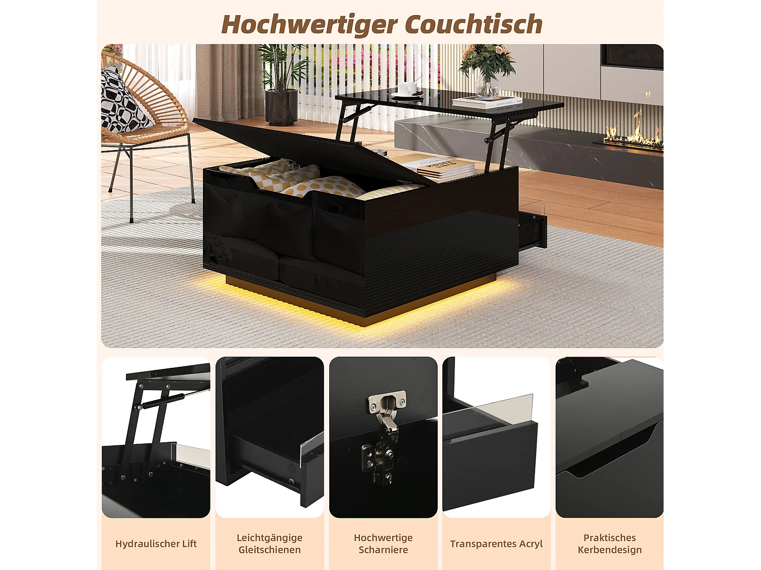 Tavolino da salotto in pannello truciolare e acrilico nero, 70 x 70 x 38 cm, con piano elevabile, LED e contenitori