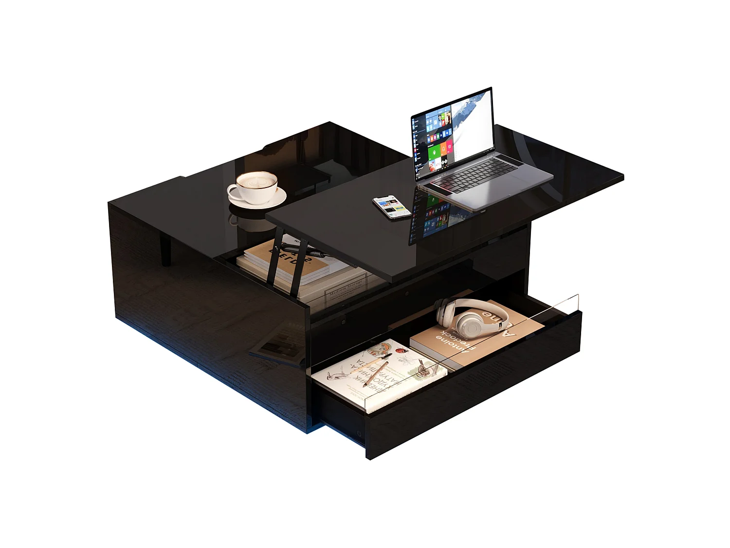 Tavolino da salotto in pannello truciolare e acrilico nero, 70 x 70 x 38 cm, con piano elevabile, LED e contenitori