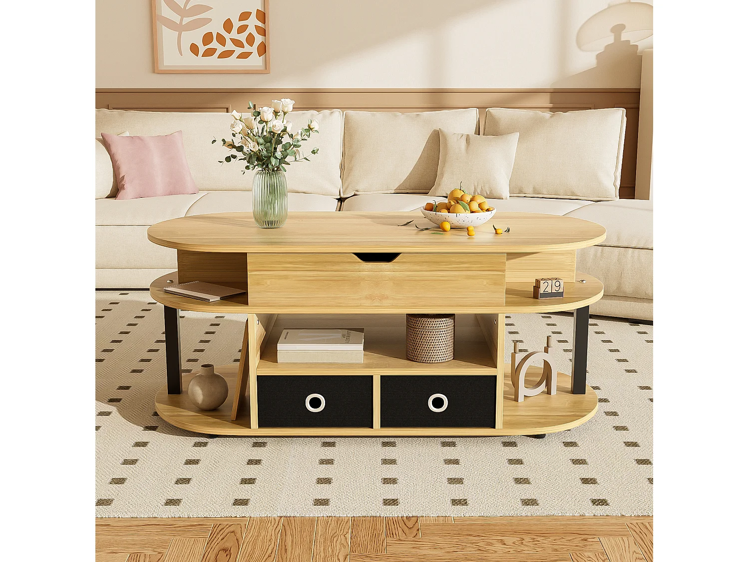 Tavolino da salotto in pannello truciolare effetto legno e nero, piano elevabile, 105 x 50 cm