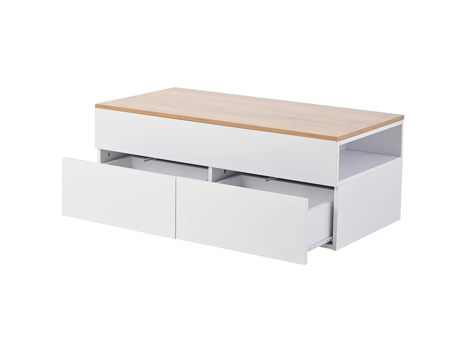 Mesa de centro em aglomerado branco e efeito madeira, 100 x 50 cm, com tampo elevatório e arrumação