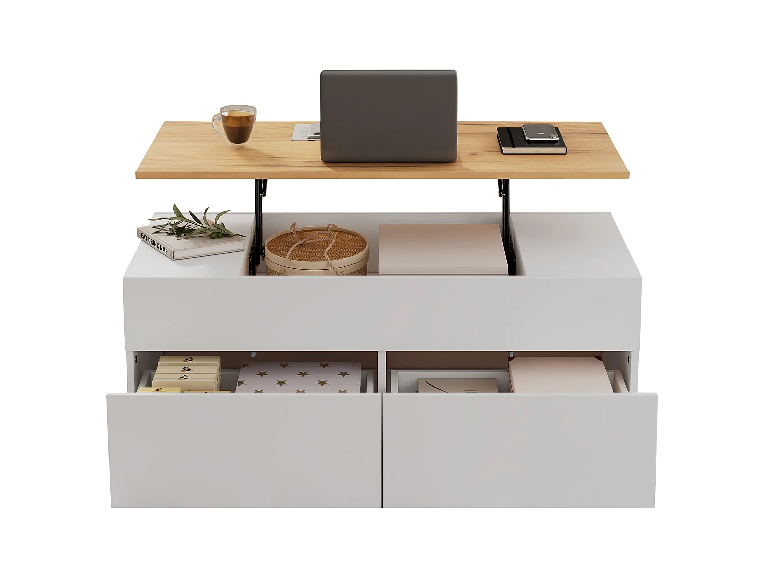 Mesa de centro em aglomerado branco e efeito madeira, 100 x 50 cm, com tampo elevatório e arrumação