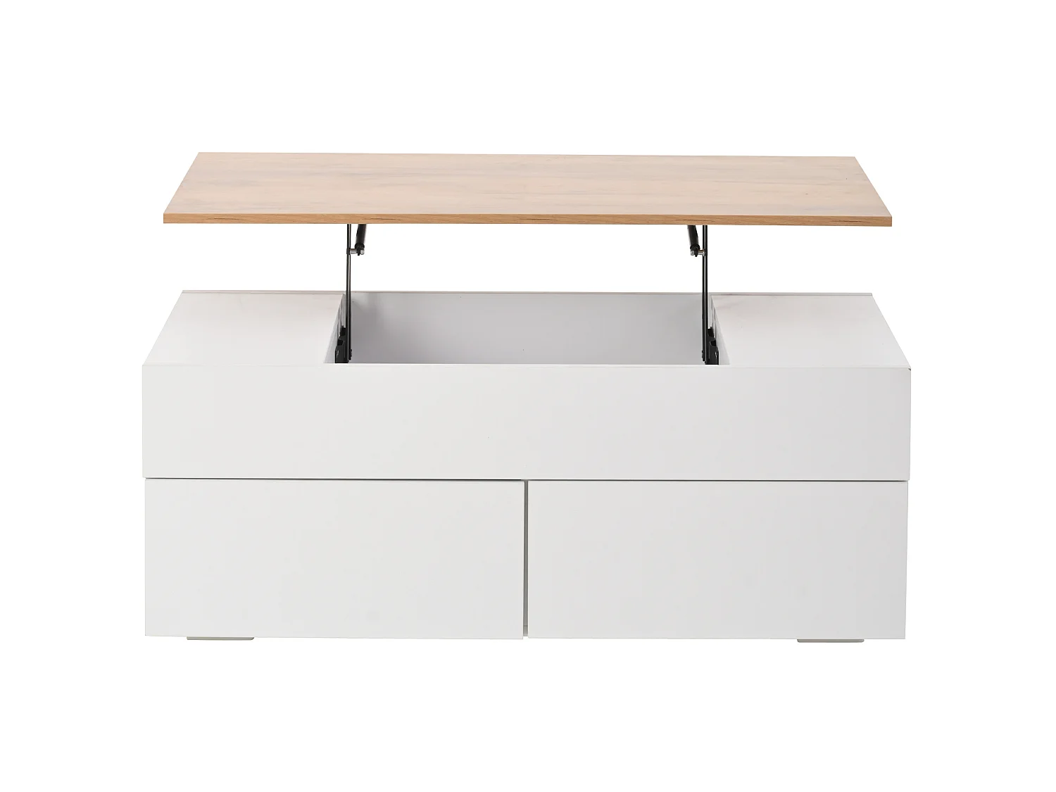 Mesa de centro em aglomerado branco e efeito madeira, 100 x 50 cm, com tampo elevatório e arrumação