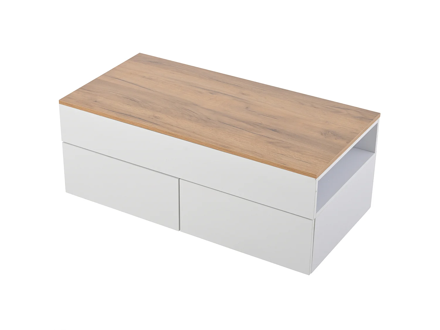 Mesa de centro em aglomerado branco e efeito madeira, 100 x 50 cm, com tampo elevatório e arrumação