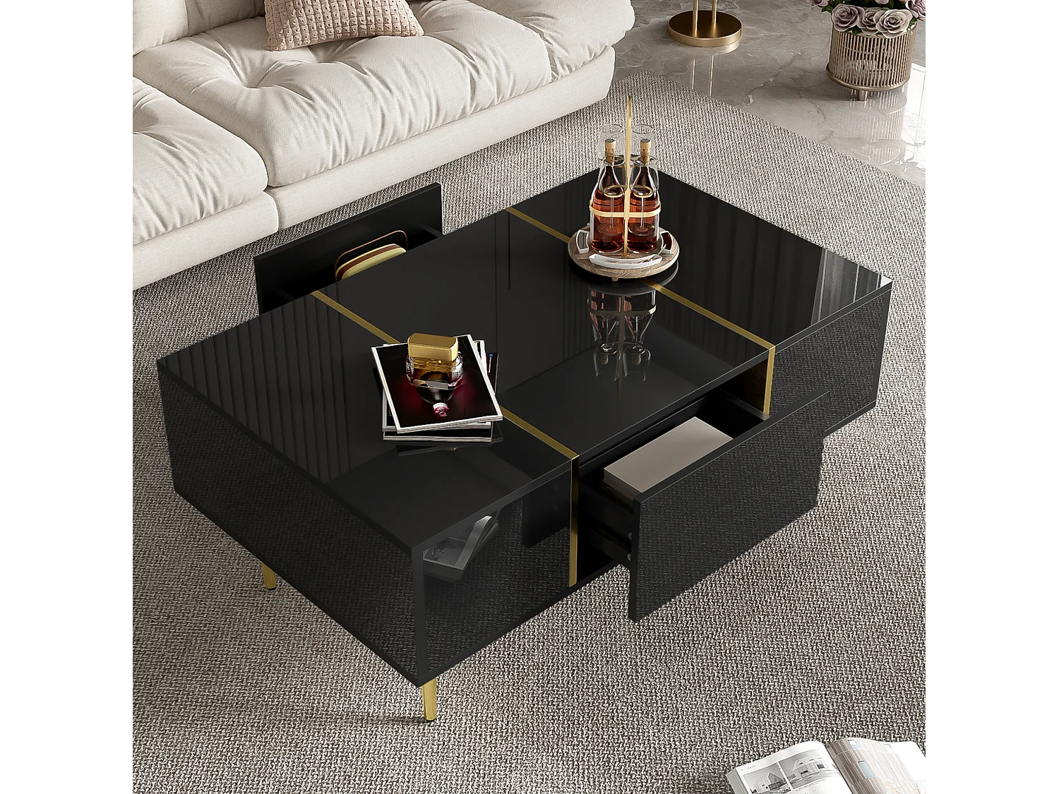 Tavolino da salotto in MDF nero lucido con dettagli in metallo dorato, 100 x 60 x 41,5 cm, 2 cassetti