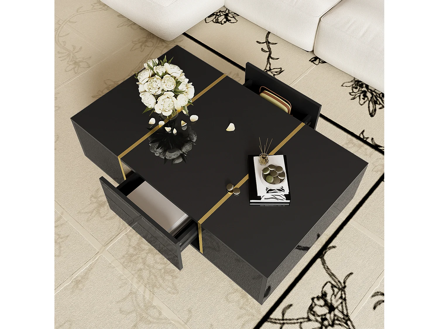 Tavolino da salotto in MDF nero lucido con dettagli in metallo dorato, 100 x 60 x 41,5 cm, 2 cassetti