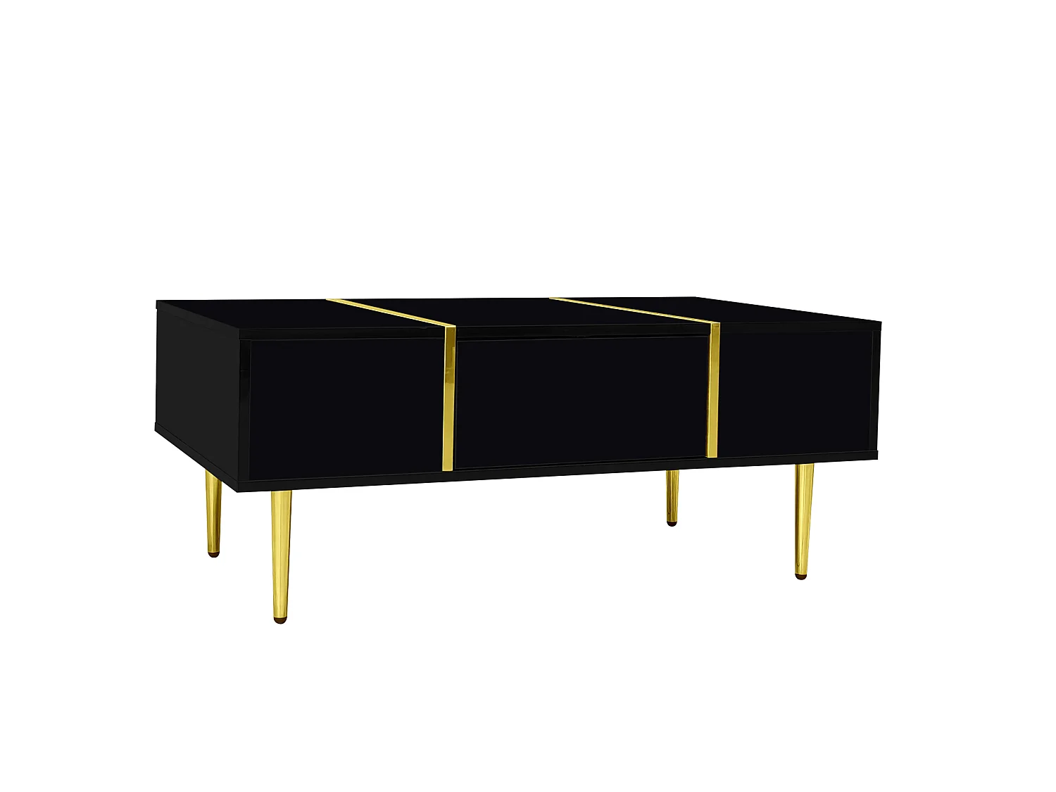 Tavolino da salotto in MDF nero lucido con dettagli in metallo dorato, 100 x 60 x 41,5 cm, 2 cassetti
