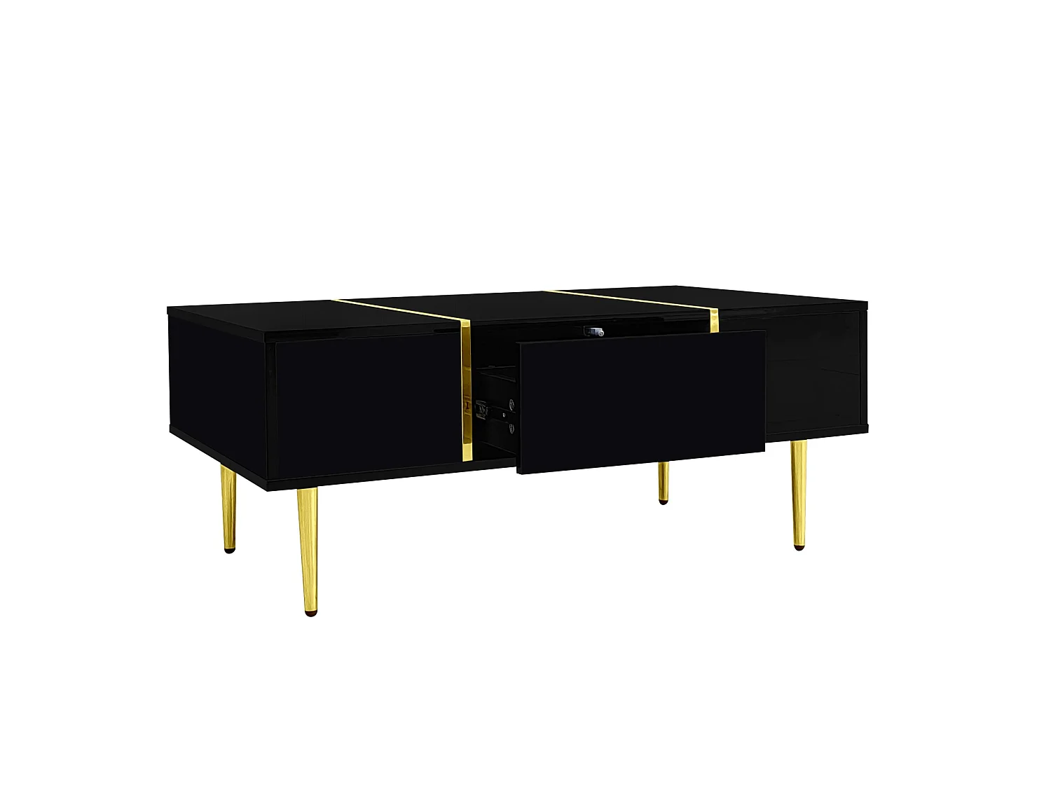 Tavolino da salotto in MDF nero lucido con dettagli in metallo dorato, 100 x 60 x 41,5 cm, 2 cassetti