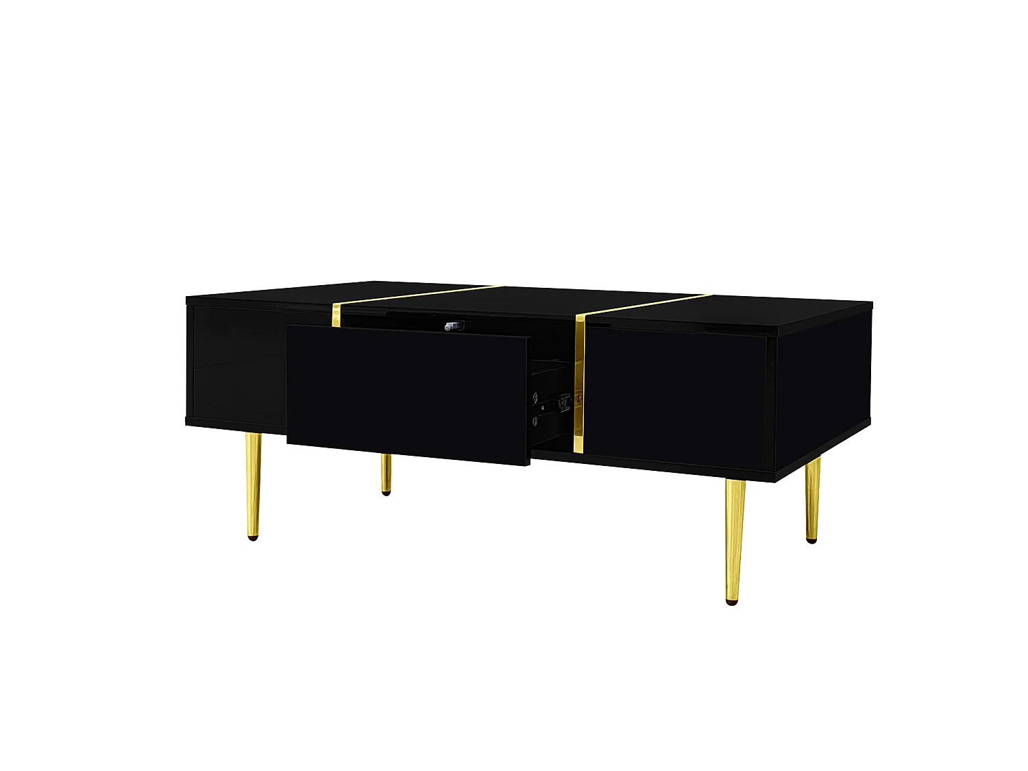 Tavolino da salotto in MDF nero lucido con dettagli in metallo dorato, 100 x 60 x 41,5 cm, 2 cassetti