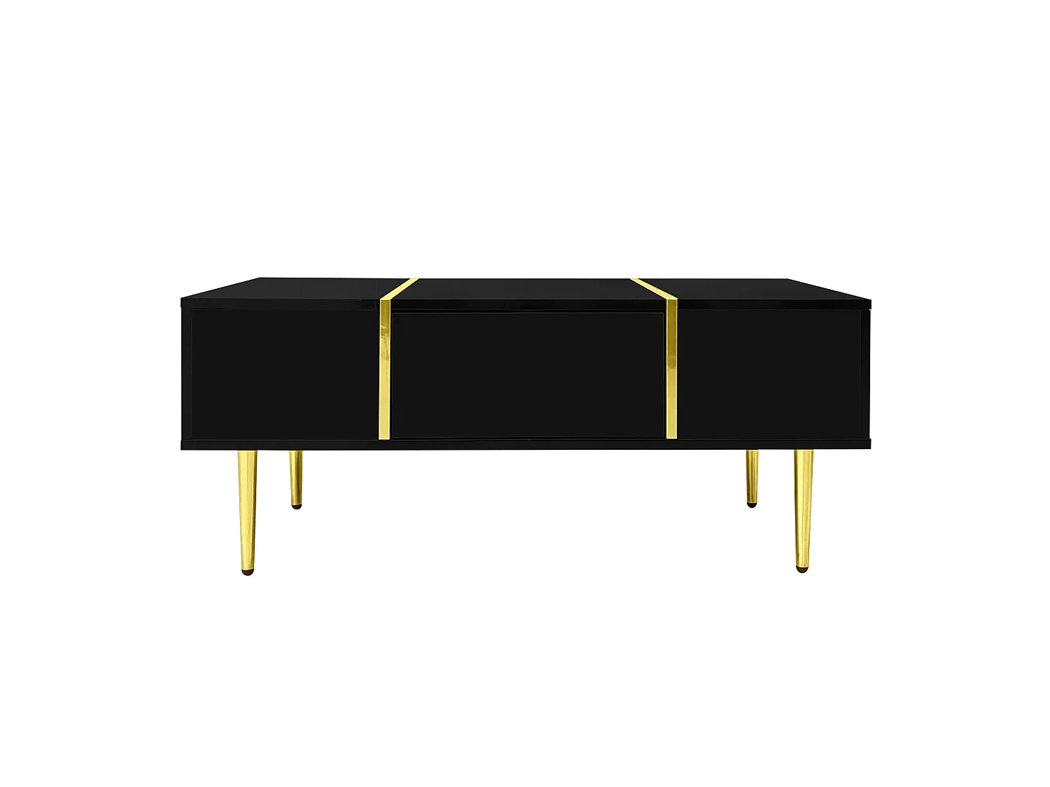 Tavolino da salotto in MDF nero lucido con dettagli in metallo dorato, 100 x 60 x 41,5 cm, 2 cassetti