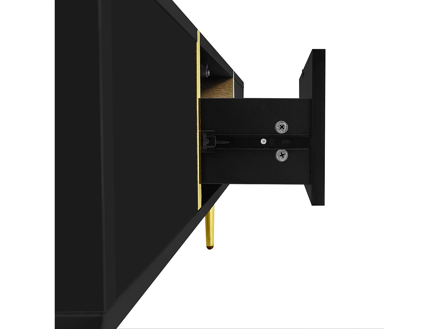 Tavolino da salotto in MDF nero lucido con dettagli in metallo dorato, 100 x 60 x 41,5 cm, 2 cassetti