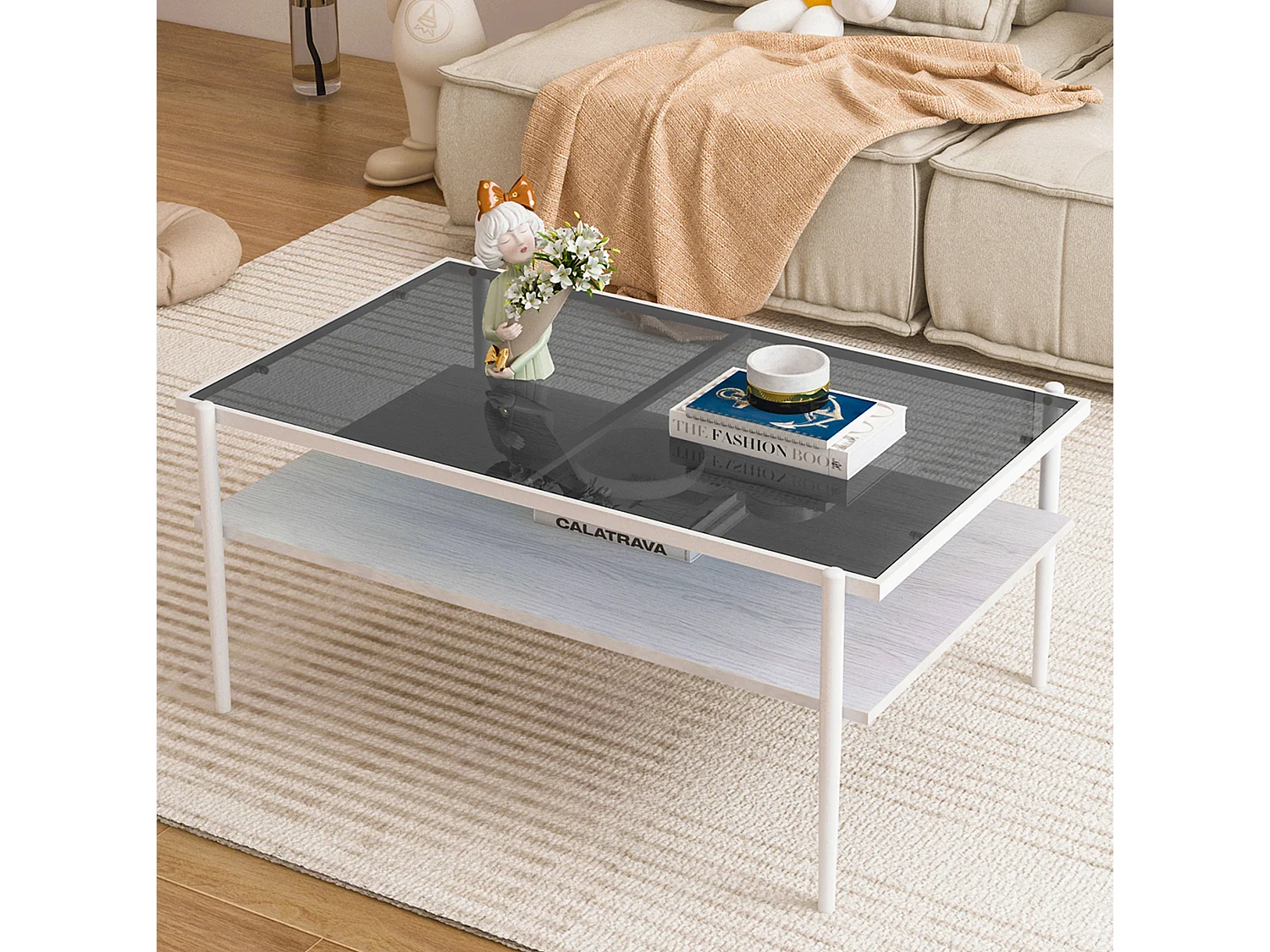 Table basse 97.5/45/61.5 cm avec plateau en verre trempé et rangement MDF gris et blanc