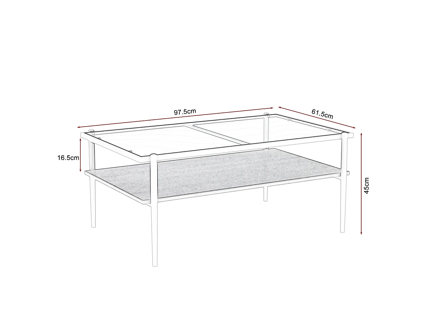 Table basse 97.5/45/61.5 cm avec plateau en verre trempé et rangement MDF gris et blanc