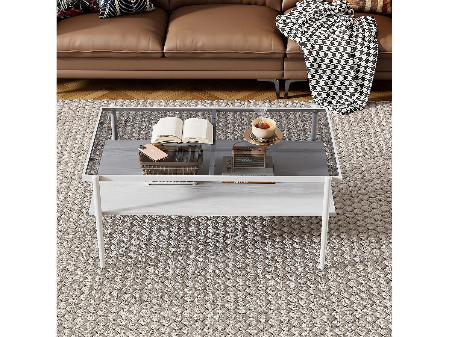Table basse 97.5/45/61.5 cm avec plateau en verre trempé et rangement MDF gris et blanc