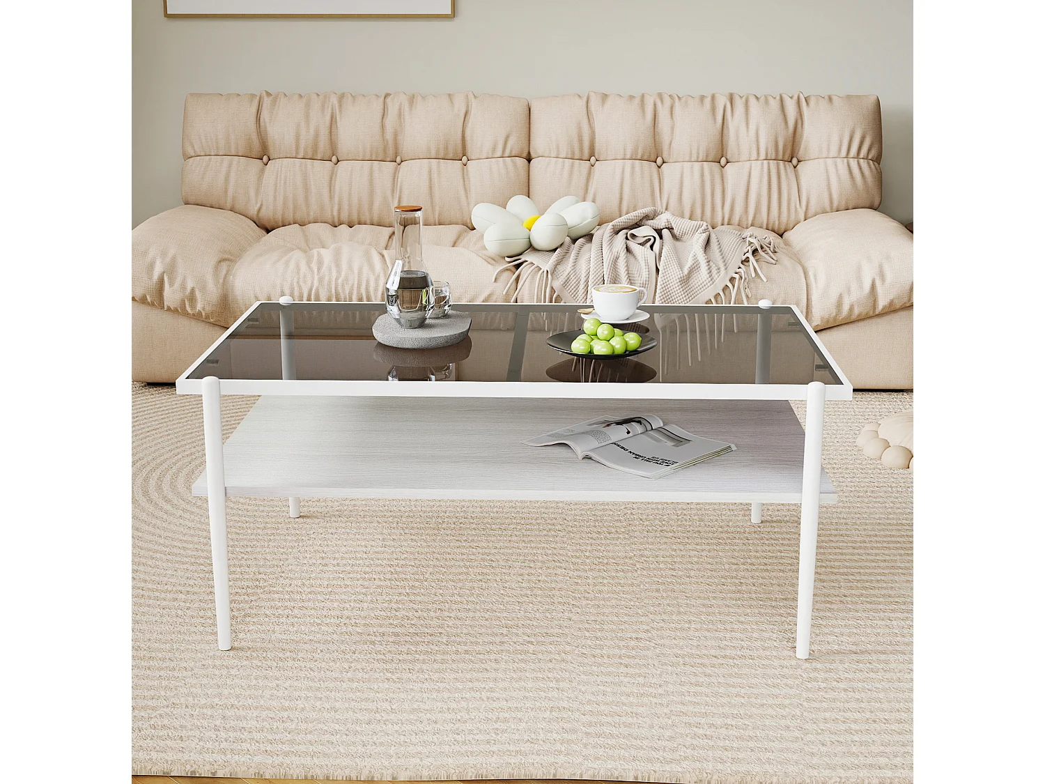 Table basse 97.5/45/61.5 cm avec plateau en verre trempé et rangement MDF gris et blanc