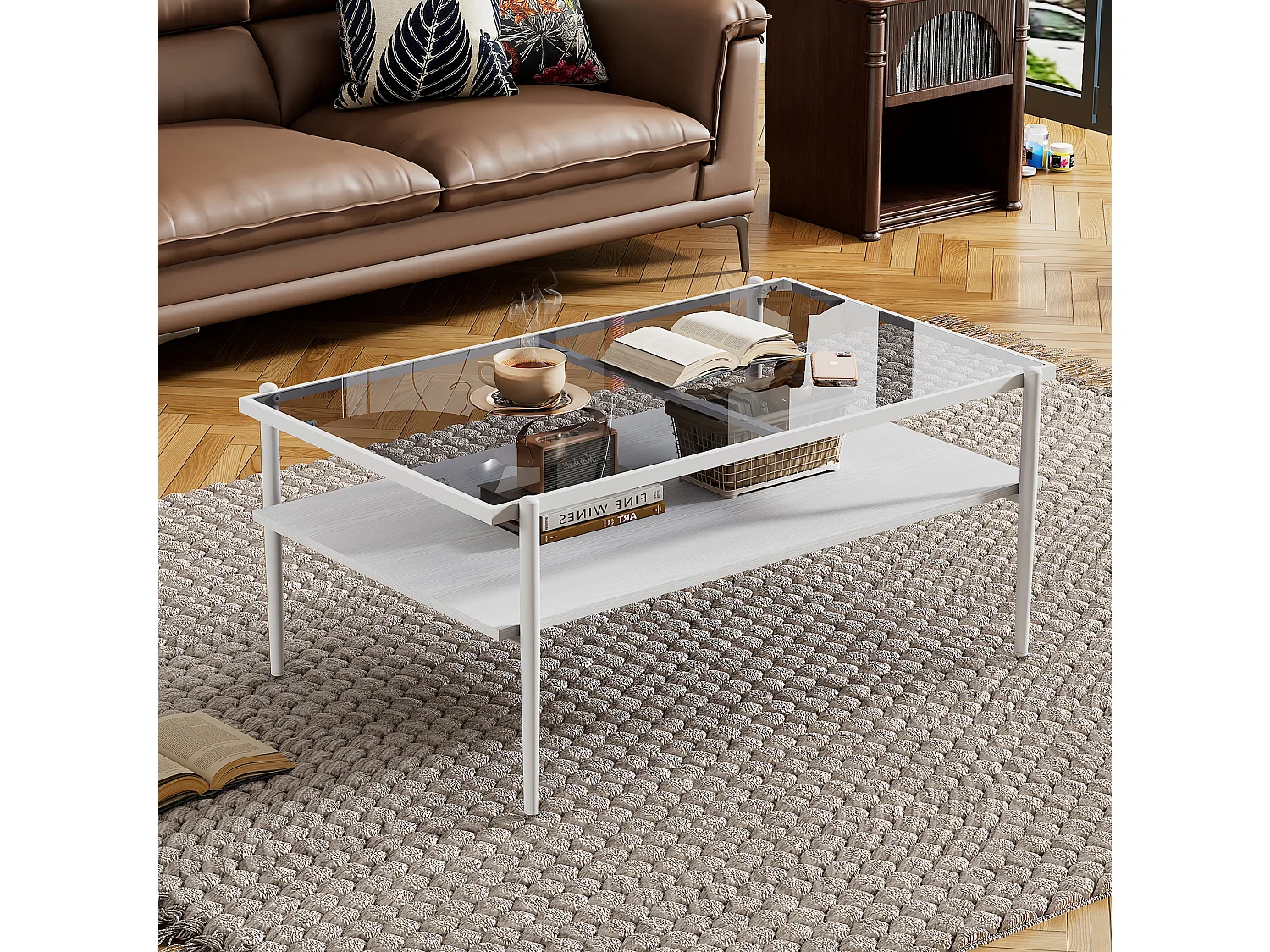 Table basse 97.5/45/61.5 cm avec plateau en verre trempé et rangement MDF gris et blanc