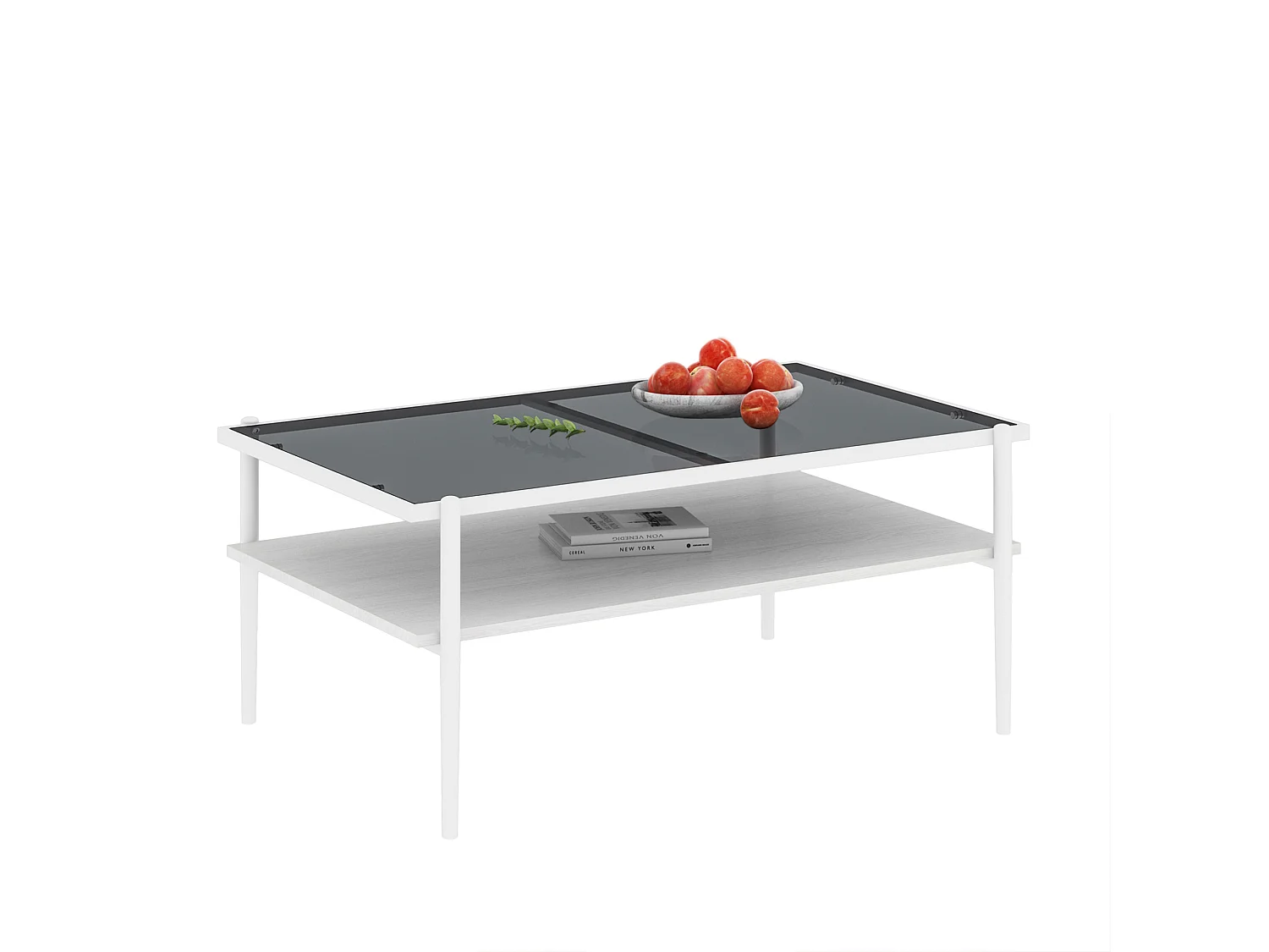 Table basse 97.5/45/61.5 cm avec plateau en verre trempé et rangement MDF gris et blanc
