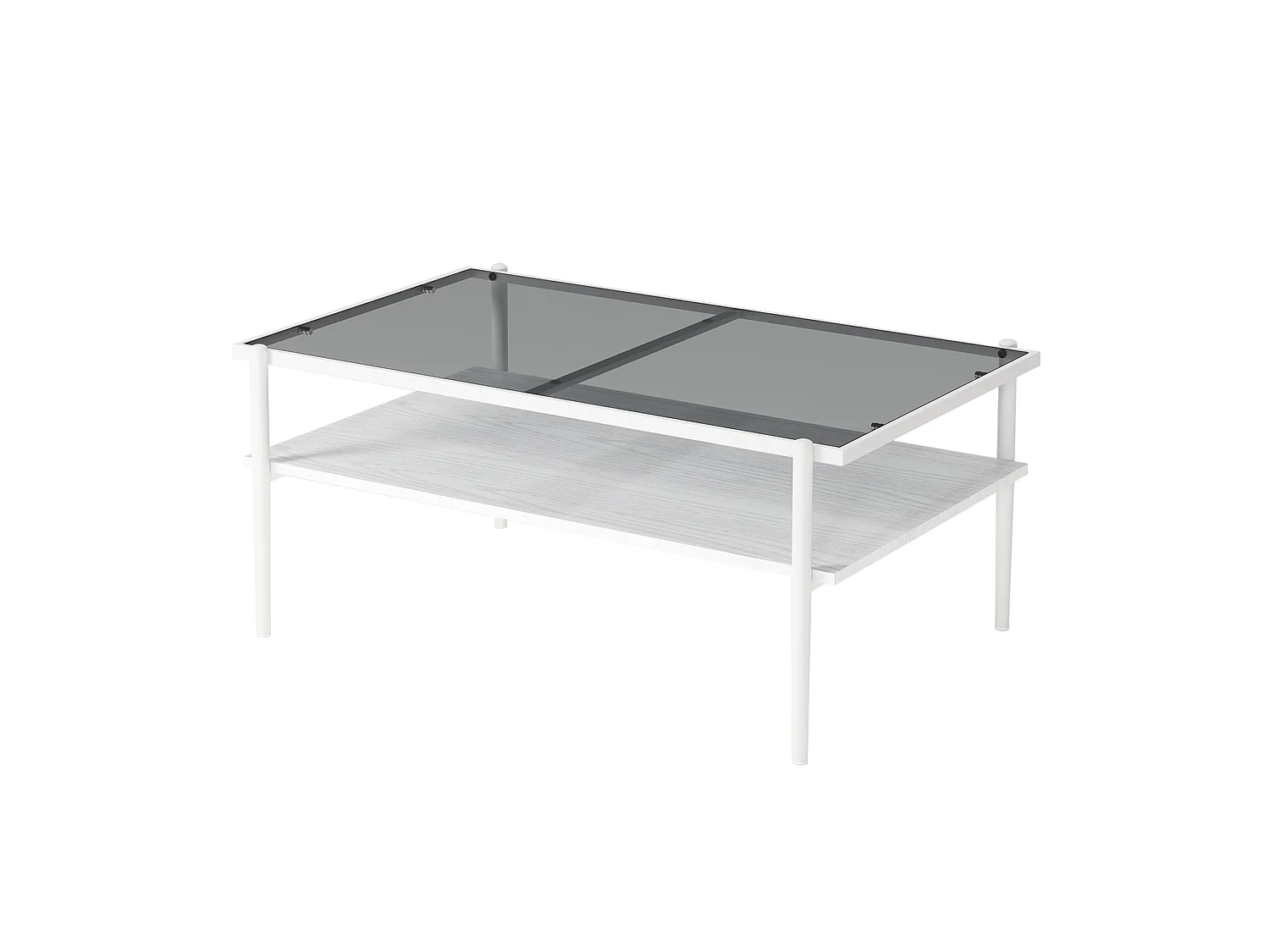 Table basse 97.5/45/61.5 cm avec plateau en verre trempé et rangement MDF gris et blanc
