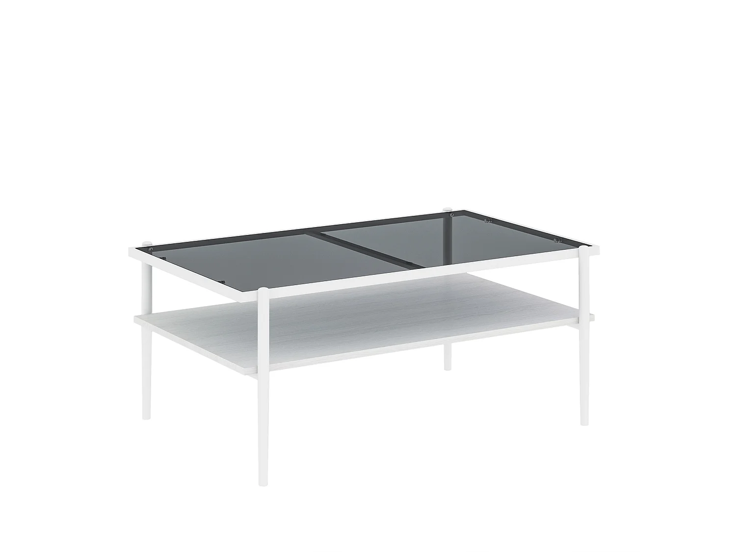 Table basse 97.5/45/61.5 cm avec plateau en verre trempé et rangement MDF gris et blanc