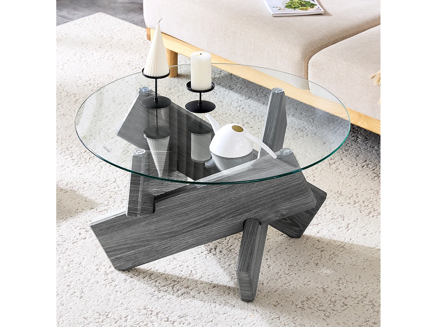 Table basse ronde 79/45 cm avec plateau en verre et pied croisé MDF gris transparent