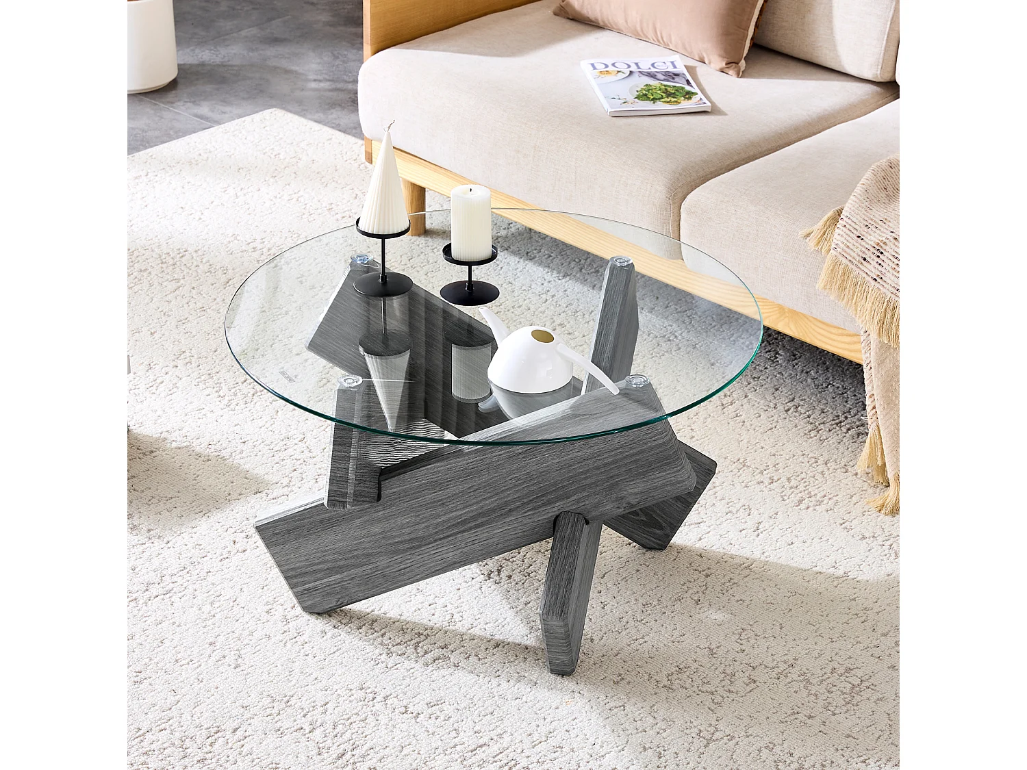 Table basse ronde 79/45 cm avec plateau en verre et pied croisé MDF gris transparent