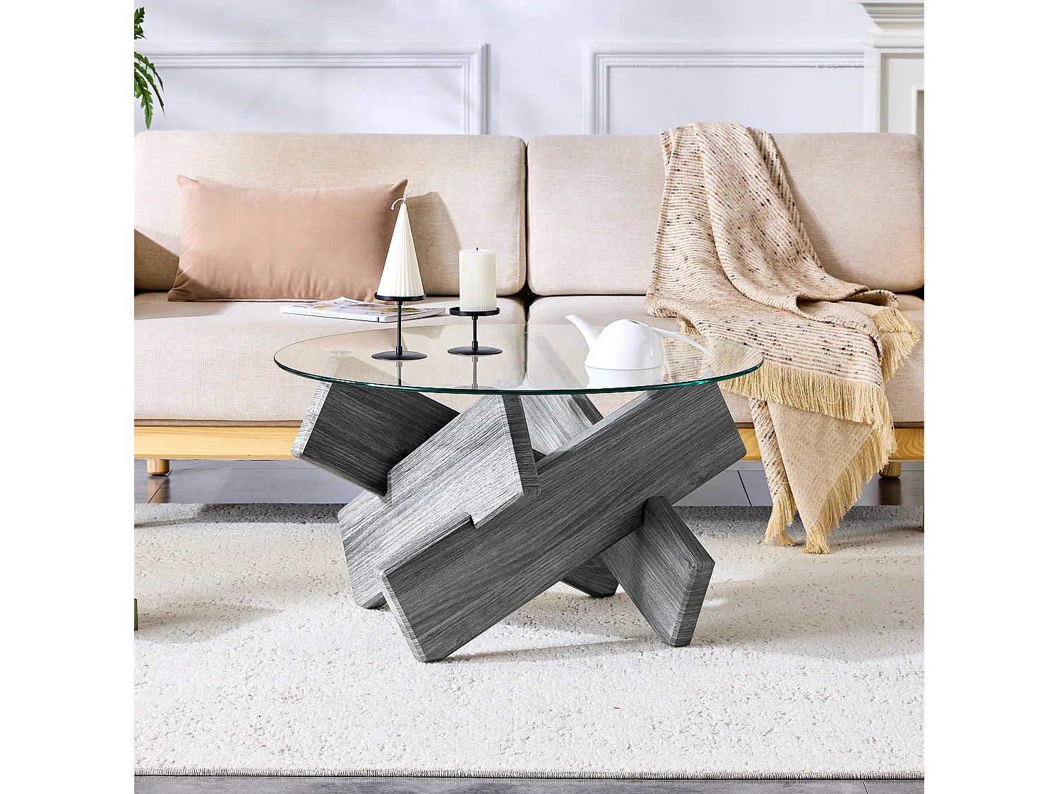 Table basse ronde 79/45 cm avec plateau en verre et pied croisé MDF gris transparent