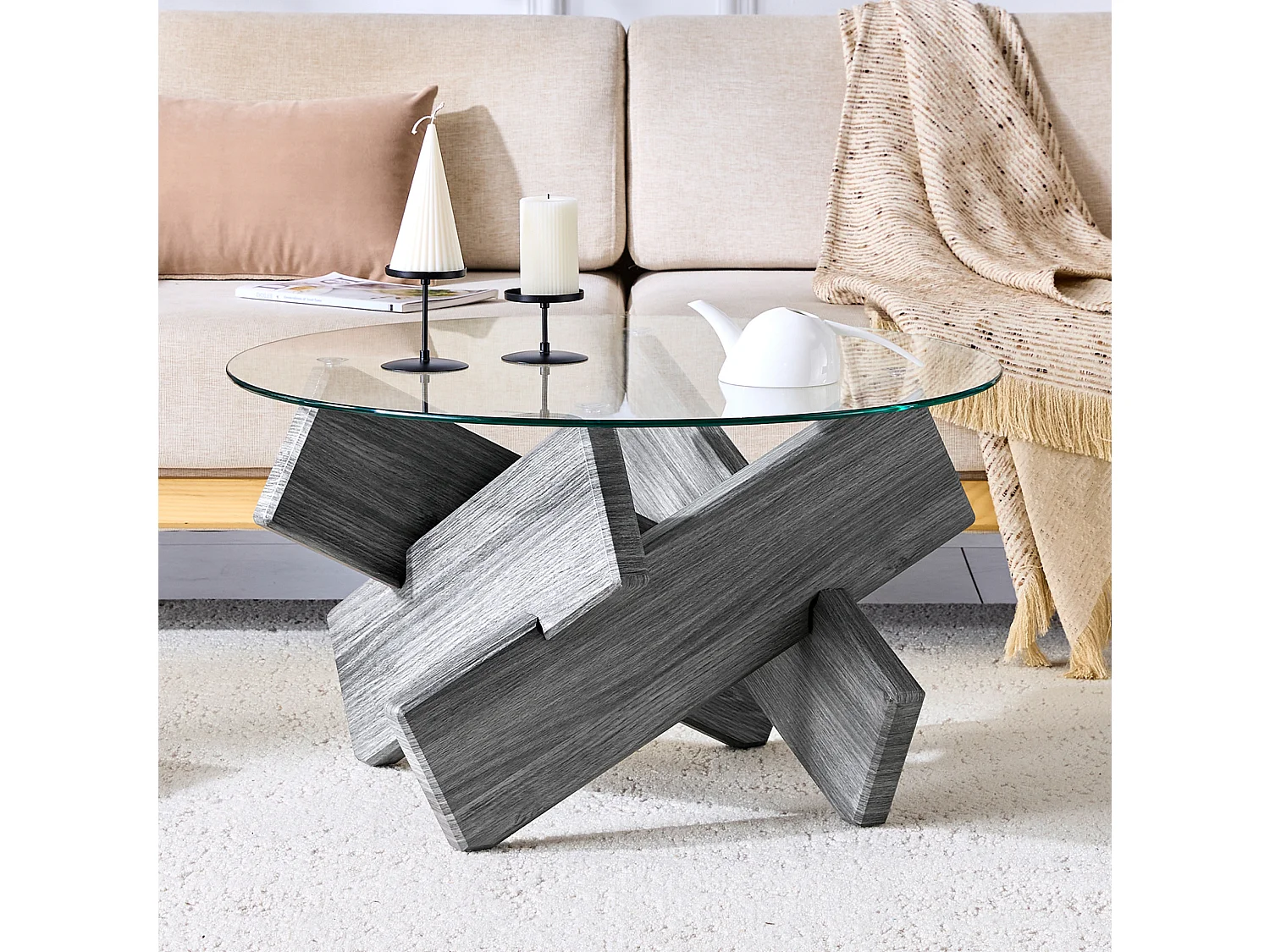 Table basse ronde 79/45 cm avec plateau en verre et pied croisé MDF gris transparent