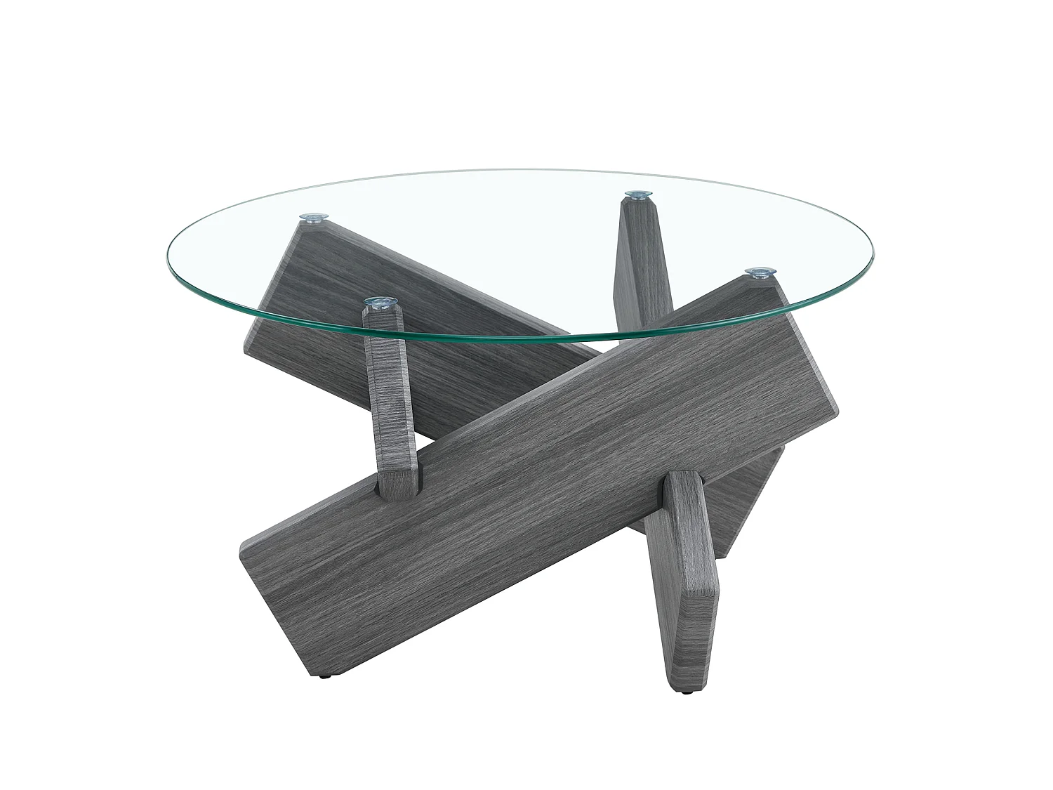 Table basse ronde 79/45 cm avec plateau en verre et pied croisé MDF gris transparent
