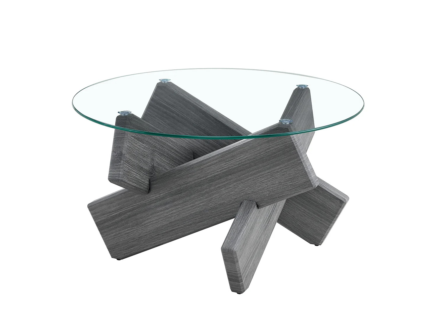 Table basse ronde 79/45 cm avec plateau en verre et pied croisé MDF gris transparent