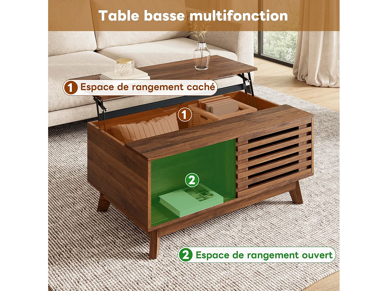 Table basse relevable 90 cm avec rangement et porte coulissante – MDF noyer, multifonction pour petit salon