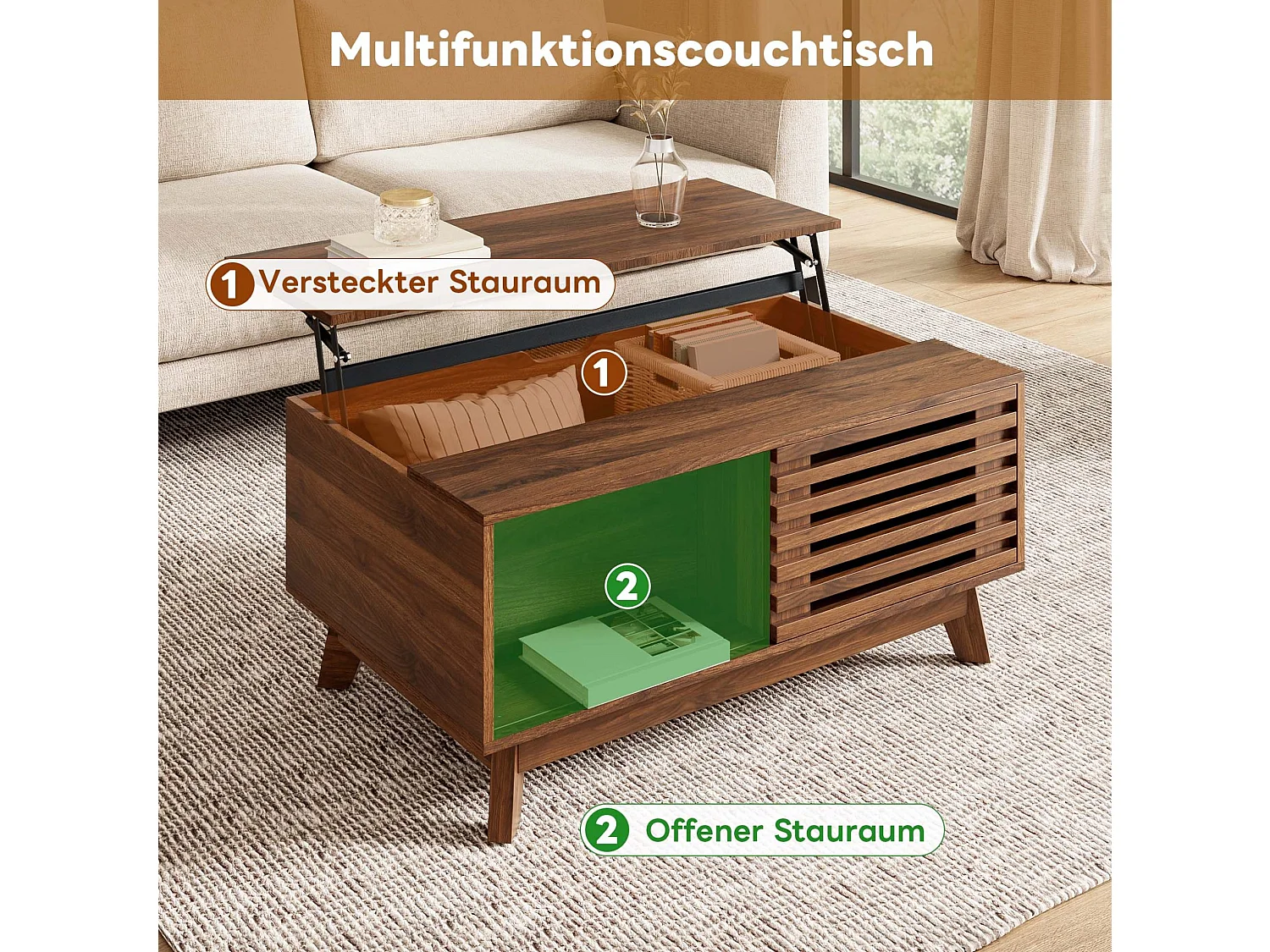 Table basse relevable 90 cm avec rangement et porte coulissante – MDF noyer, multifonction pour petit salon