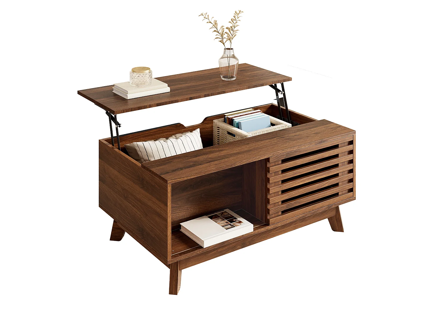 Table basse relevable 90 cm avec rangement et porte coulissante – MDF noyer, multifonction pour petit salon