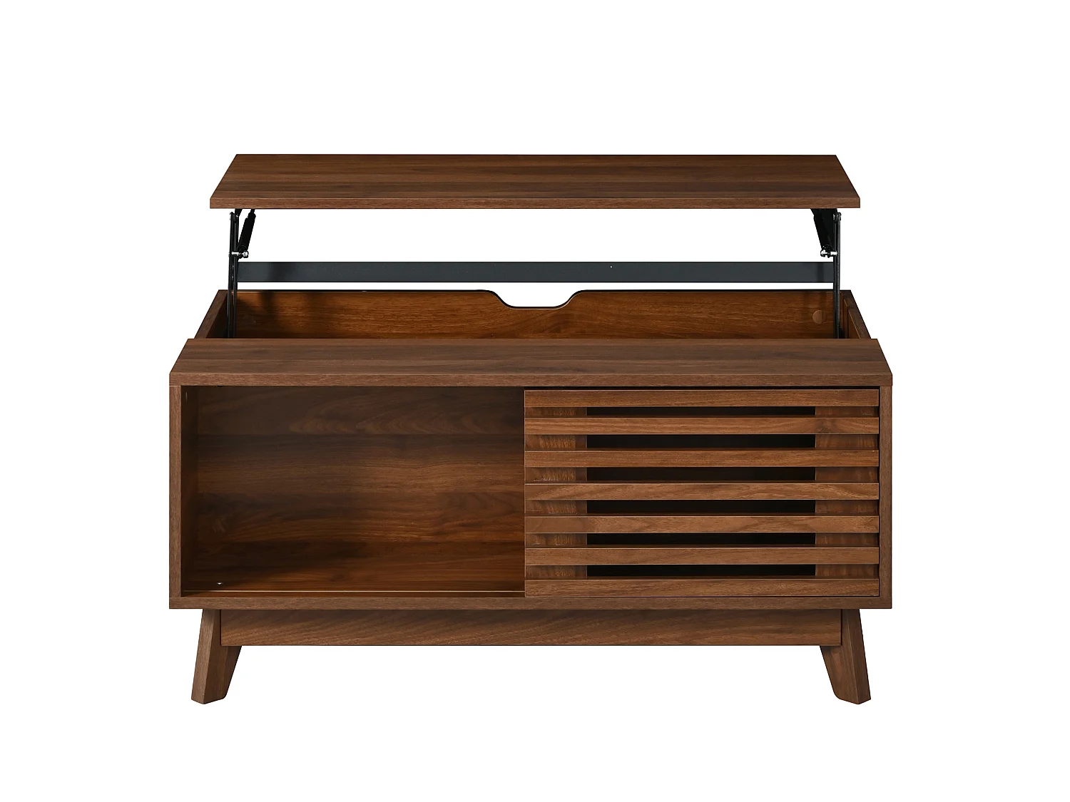 Table basse relevable 90 cm avec rangement et porte coulissante – MDF noyer, multifonction pour petit salon