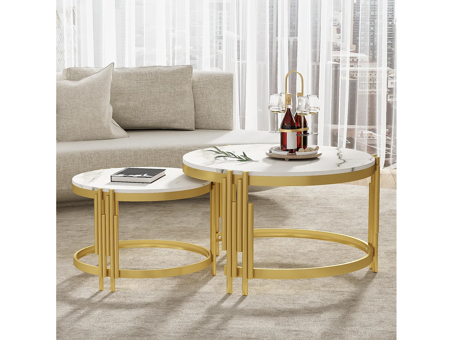 Table basse gigogne 71.5/71.5/44 cm et 51.5/51.5/37 cm avec effet marbre et métal blanc antique Ensemble 2 pièces