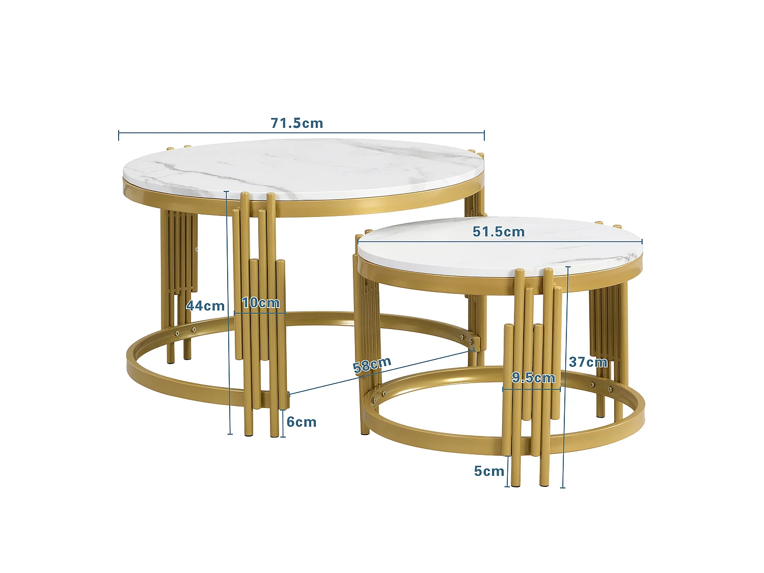 Table basse gigogne 71.5/71.5/44 cm et 51.5/51.5/37 cm avec effet marbre et métal blanc antique Ensemble 2 pièces