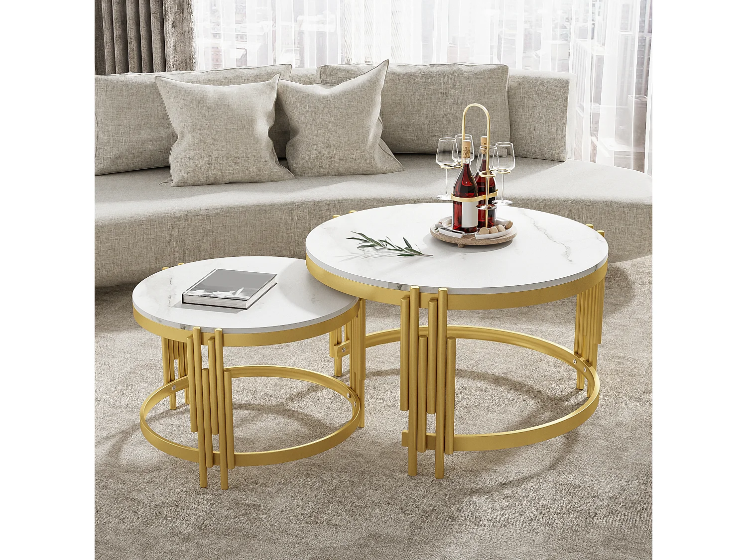 Table basse gigogne 71.5/71.5/44 cm et 51.5/51.5/37 cm avec effet marbre et métal blanc antique Ensemble 2 pièces