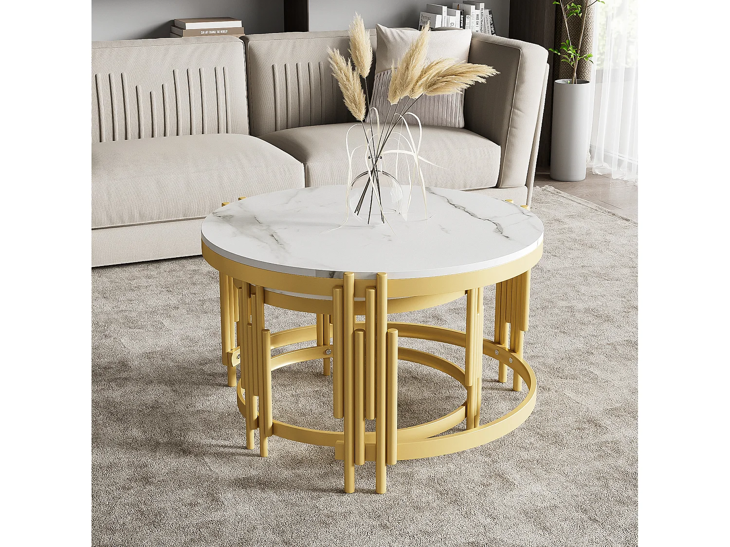 Table basse gigogne 71.5/71.5/44 cm et 51.5/51.5/37 cm avec effet marbre et métal blanc antique Ensemble 2 pièces
