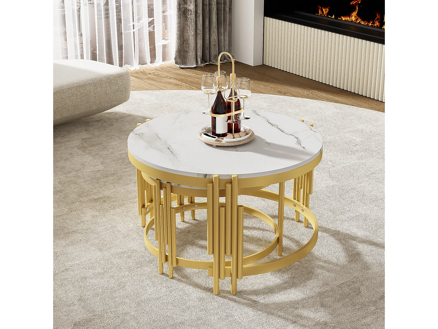 Table basse gigogne 71.5/71.5/44 cm et 51.5/51.5/37 cm avec effet marbre et métal blanc antique Ensemble 2 pièces