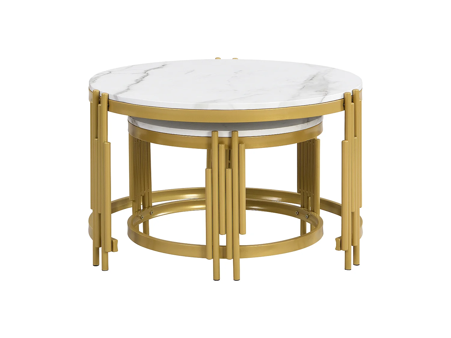 Table basse gigogne 71.5/71.5/44 cm et 51.5/51.5/37 cm avec effet marbre et métal blanc antique Ensemble 2 pièces