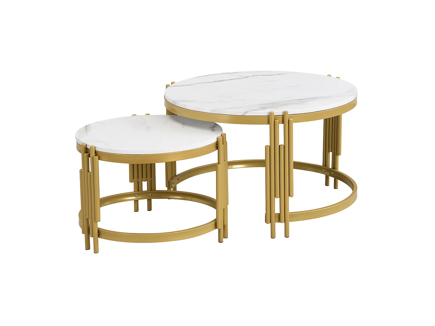 Table basse gigogne 71.5/71.5/44 cm et 51.5/51.5/37 cm avec effet marbre et métal blanc antique Ensemble 2 pièces