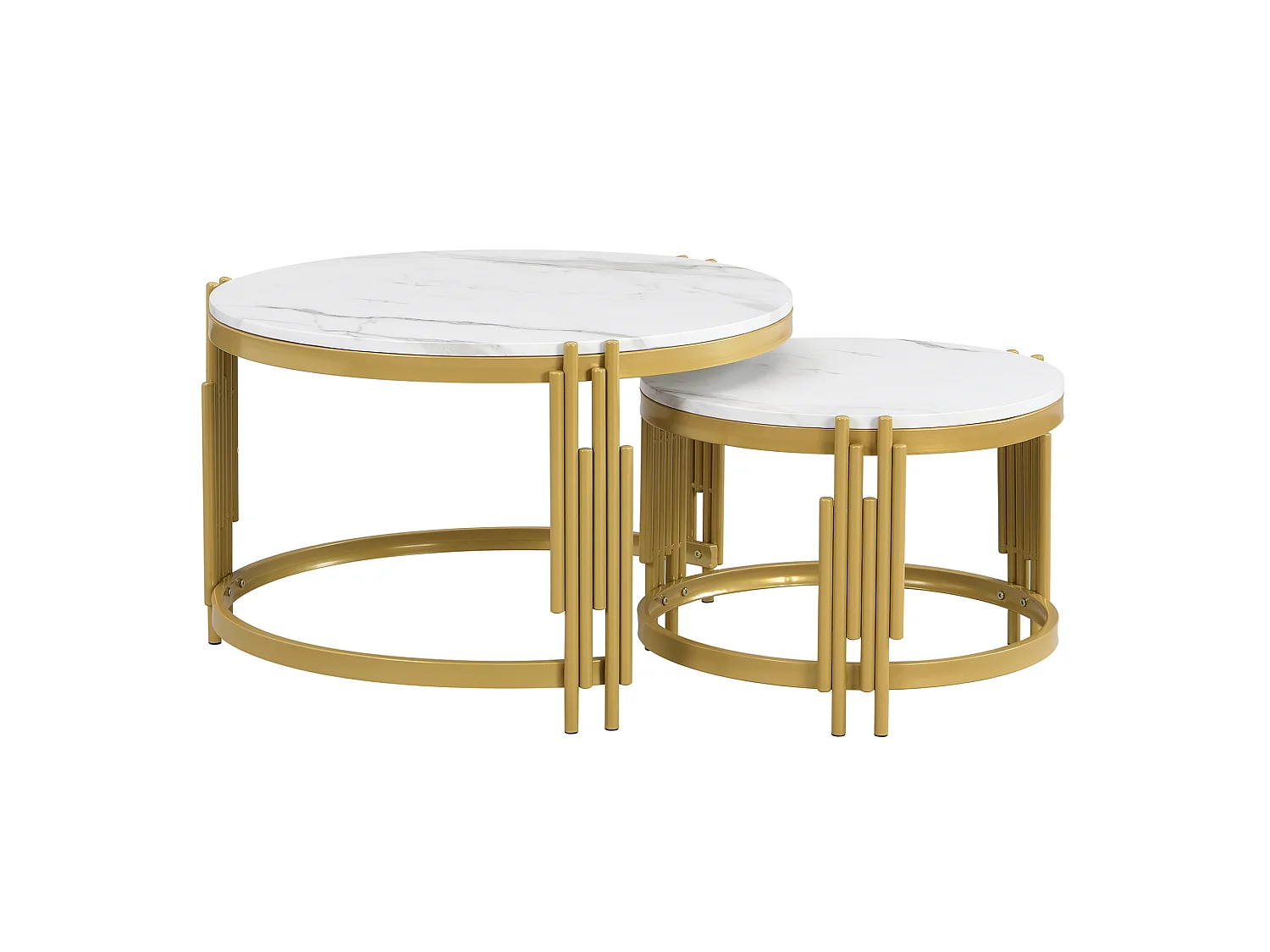Table basse gigogne 71.5/71.5/44 cm et 51.5/51.5/37 cm avec effet marbre et métal blanc antique Ensemble 2 pièces
