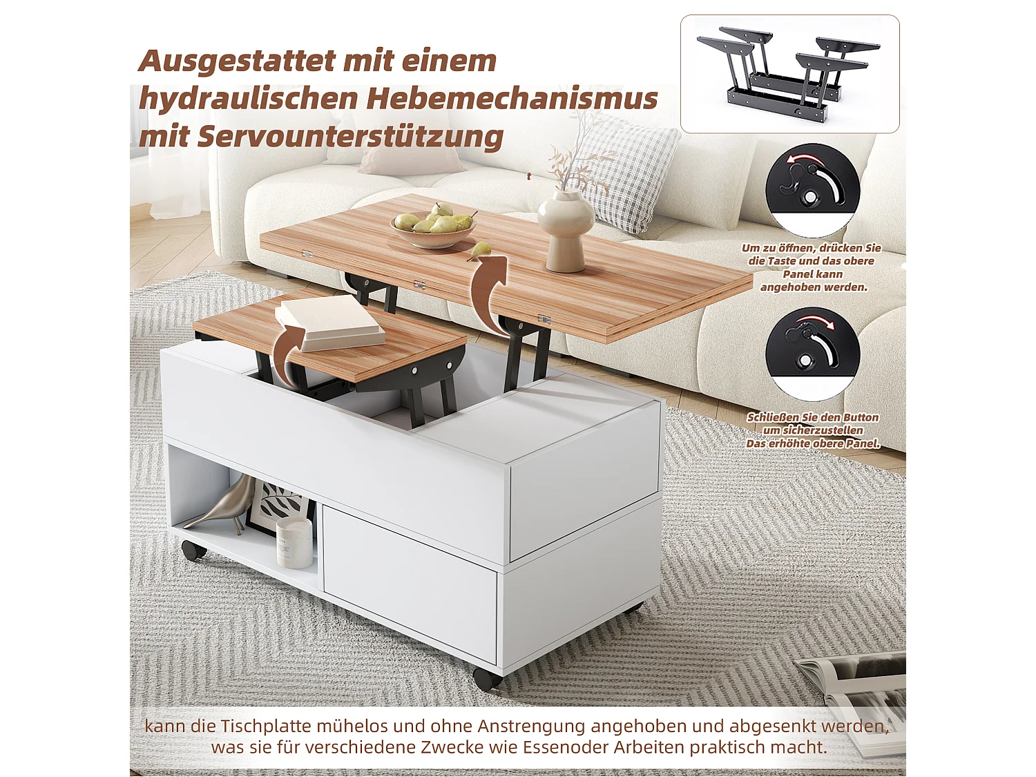Tavolino da salotto in truciolare bianco e rovere 100 x 50 cm, piano sollevabile e 4 cassetti