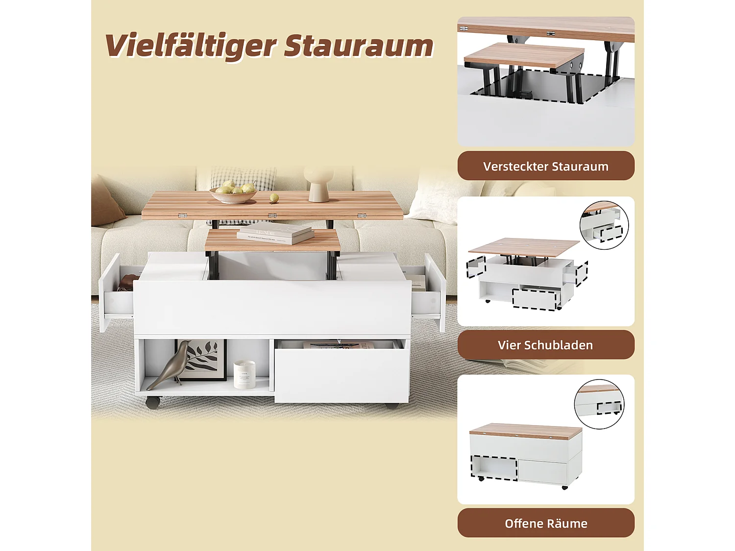Tavolino da salotto in truciolare bianco e rovere 100 x 50 cm, piano sollevabile e 4 cassetti