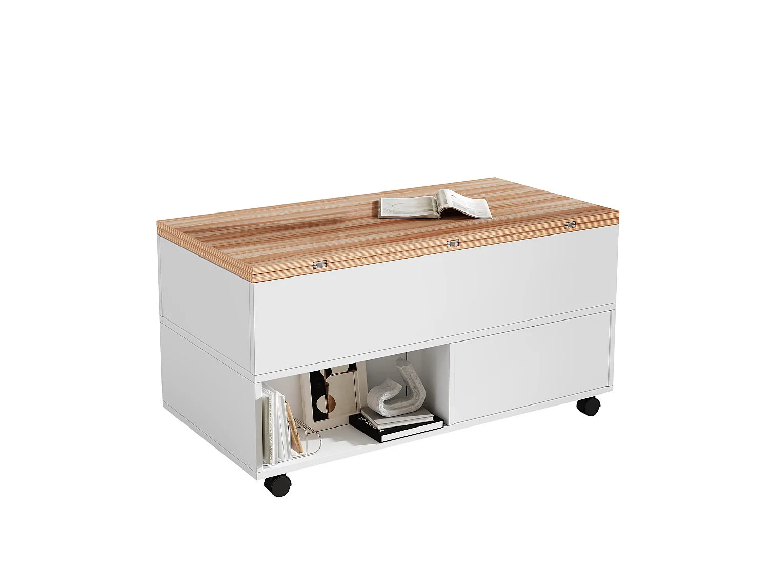 Tavolino da salotto in truciolare bianco e rovere 100 x 50 cm, piano sollevabile e 4 cassetti